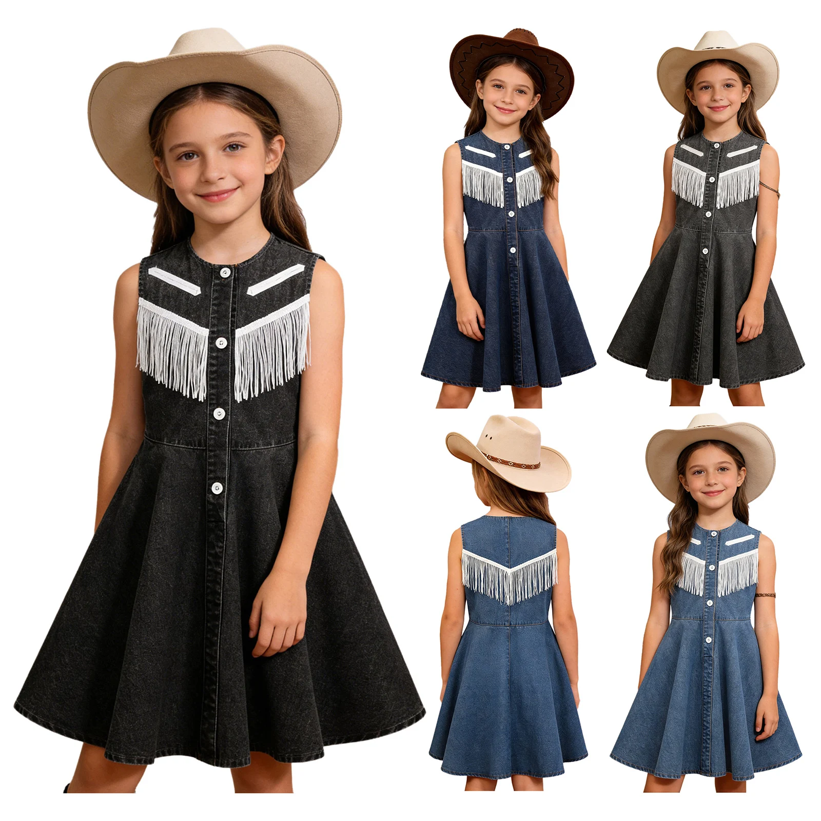 Vestido vaquero de mezclilla para niña – Corte A sin mangas con botones