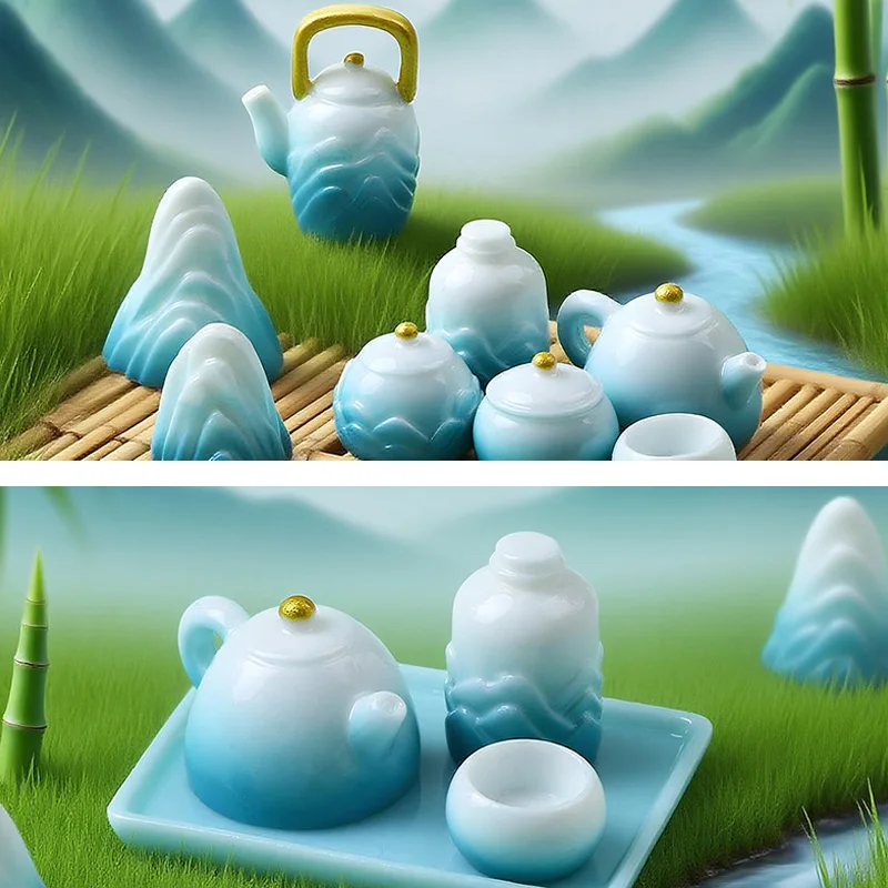 Juego de té con tinta estilo paisaje, estatuilla de piedra, decoración del hogar, casa de muñecas en miniatura, accesorios de decoración de jardín de hadas modernos, 9 Uds. - imagen 4