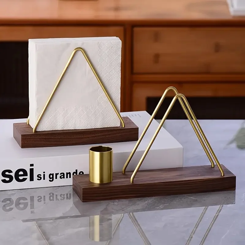 Solid Wood Tissue Holder Home Napkin Container Gold Metal Napkin Tissue Case for Hotel Restaurant Decoration Kitchen Accessories - imagen 2