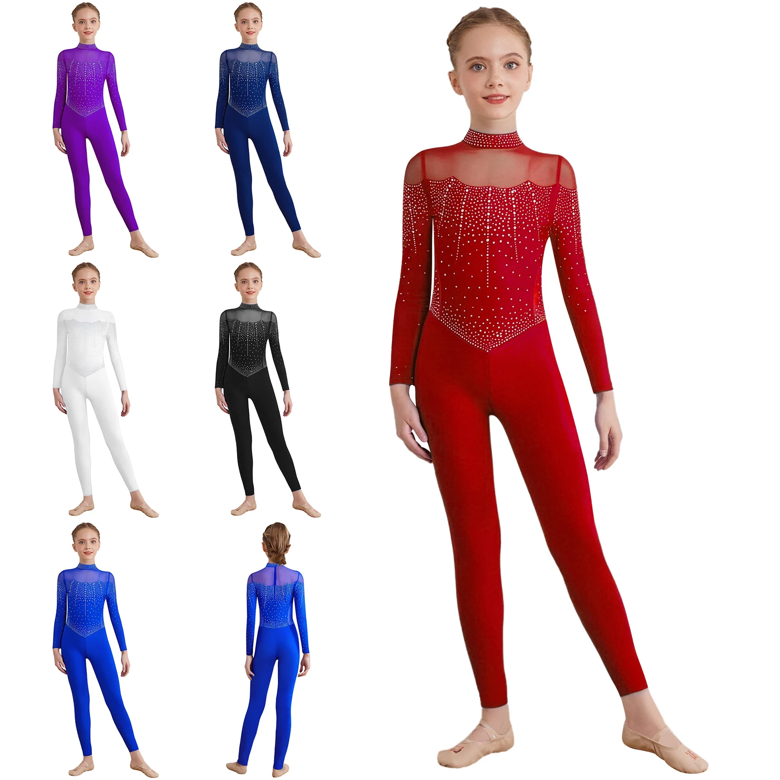 Mono de baile para entrenamiento de gimnasia y Ballet para niñas, leotardo de cuerpo completo con diamantes de imitación, pelele deportivo brillante para puesta en escena - imagen 2