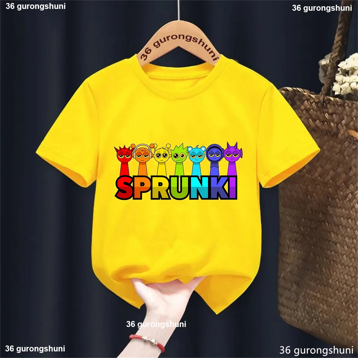 Camiseta con estampado con dibujo de juego de música Rainbow Sprunki, ropa Kawaii para niños y niñas, camisetas lisas de manga corta de verano - imagen 4