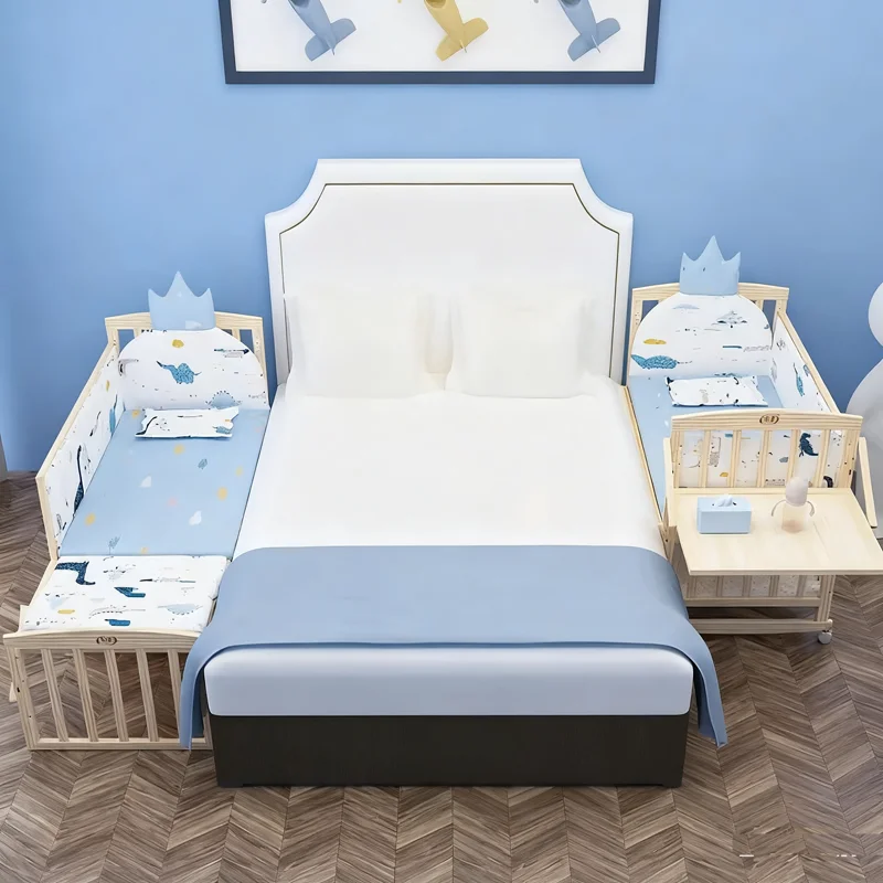 Cuna convertible de madera natural con balancín, ruedas y mosquitera - imagen 2