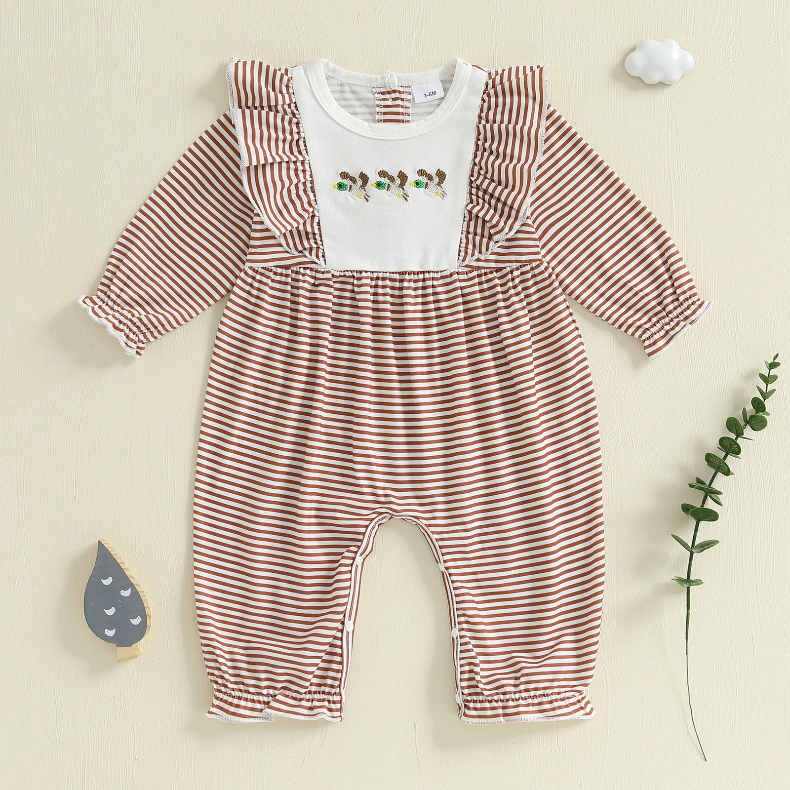 Mameluco informal para niñas recién nacidas, monos de manga larga a rayas con bordado de manzana/pato, ropa de moda infantil