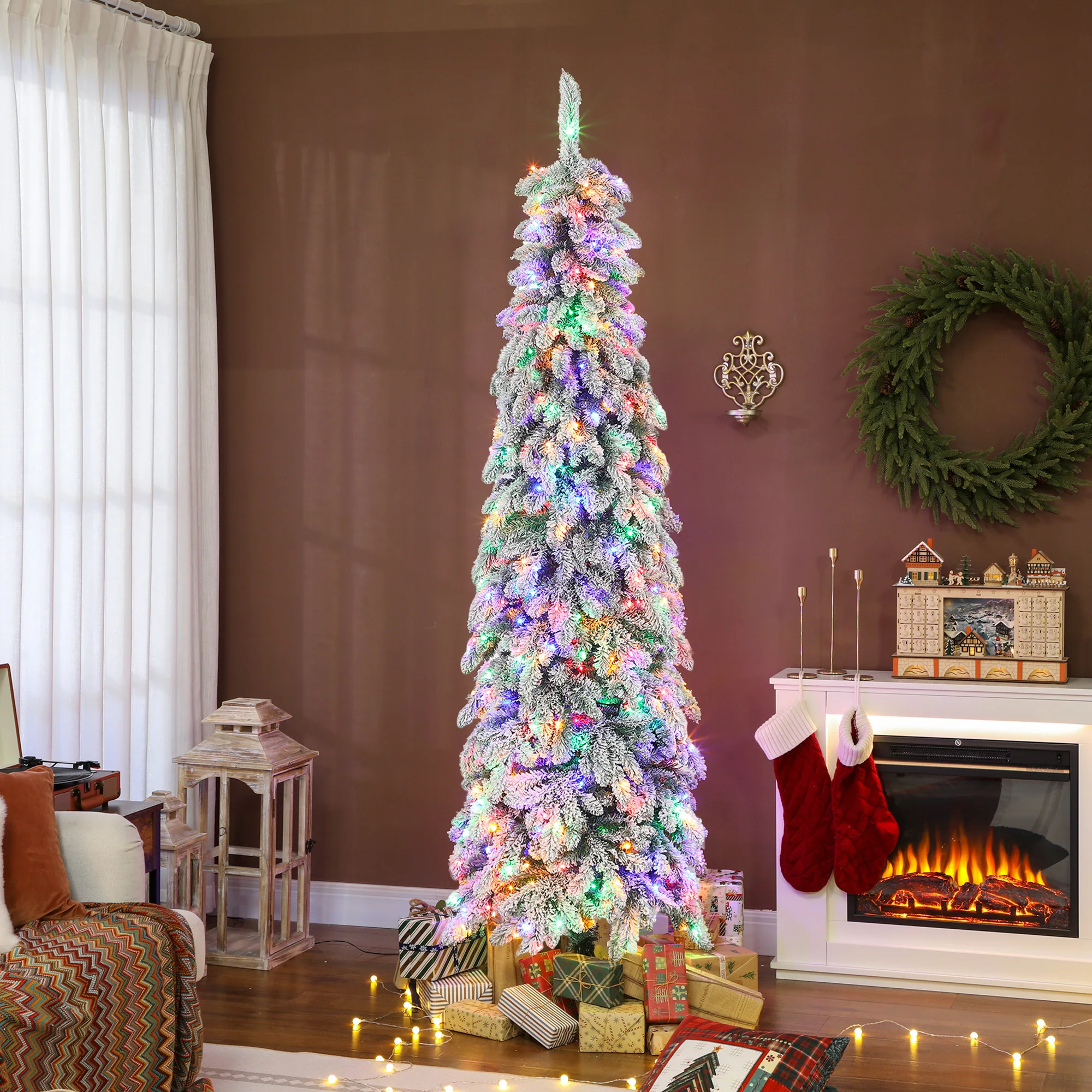 HOMCOM Árbol de Navidad Estrecho 225 cm, Árbol de Navidad Nevado con Luces LED Bicolor, 11 Modos de Iluminación con Temporizador, 800 Ramas, Soporte de Acero, Montaje Fácil, Verde - imagen 2