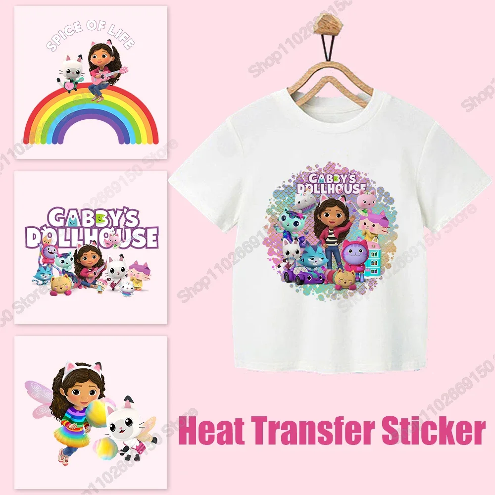 Gabby Dollhouses Anime Kawaii pegatina de transferencia de calor niños dibujos animados lindos apliques de ropa DIY calcomanía moda hierro en parches regalos