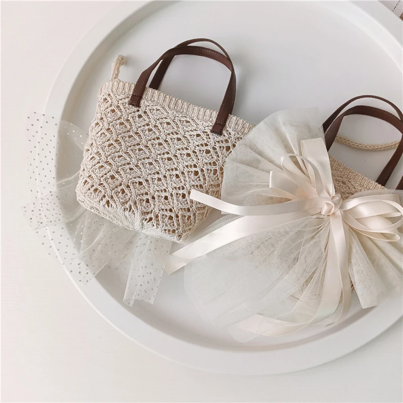 INS Sweet Style bolsas portátiles para niños y niñas, bolso de cubo de encaje ahuecado con lazo grande, accesorios de ropa de princesa, bolsa de playa - imagen 5