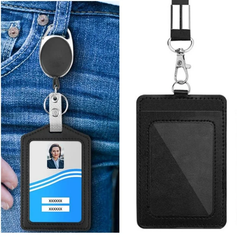 Insignia de policía, tarjetero de identificación, etiqueta de nombre comercial de cuero Real, bolsa para tarjetas en el pecho con cordón para el cuello, suministros para personal