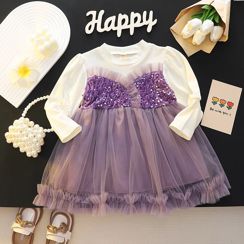 Vestidos para niños niñas algodón manga larga lentejuelas encaje princesa vestidos para niños primavera elegante ropa de cumpleaños disfraz de espectáculo - imagen 2