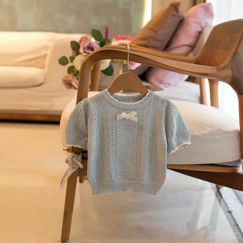 MILANCEL nuevo verano niños tejidos de manga corta 1-5T lindo franjas de diferente Color arco niñas ahueca hacia fuera la camiseta niños dulce prendas de vestir Tops - imagen 3