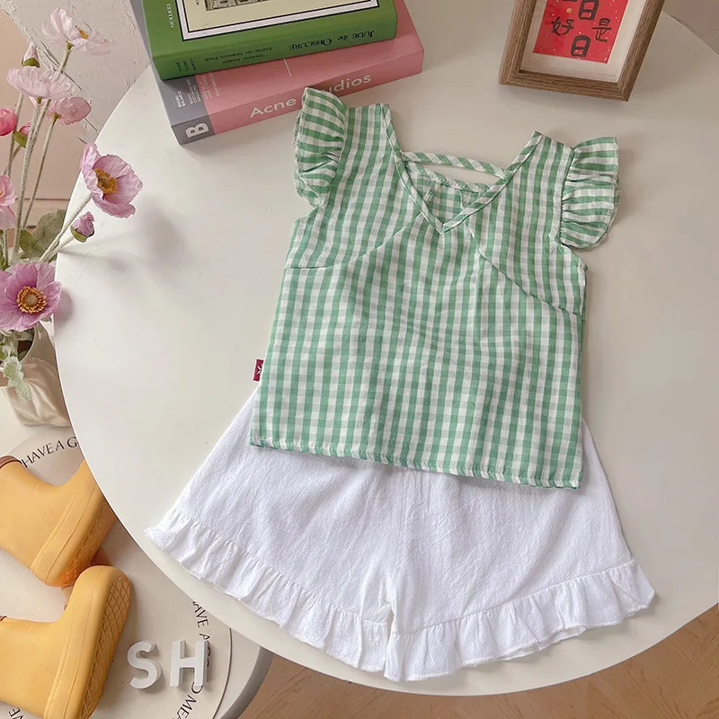 Nueva ropa de verano para niñas, traje para niños, chaleco a cuadros, pantalones cortos, 2 unids/set, ropa para niños, disfraz informal infantil, chándales para niños pequeños - imagen 3
