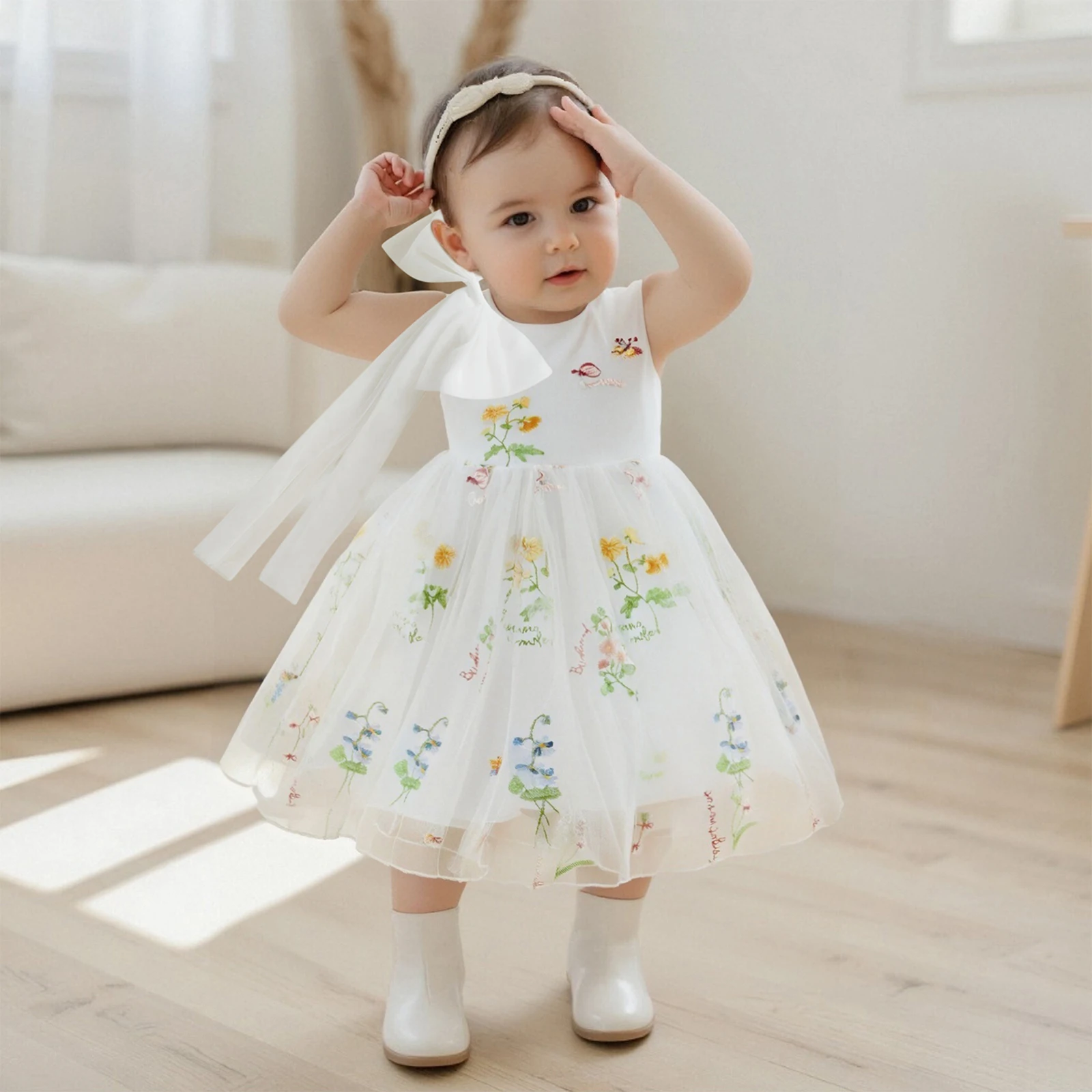 Vestido de tul sin mangas con flores para niña, cuello redondo - imagen 4