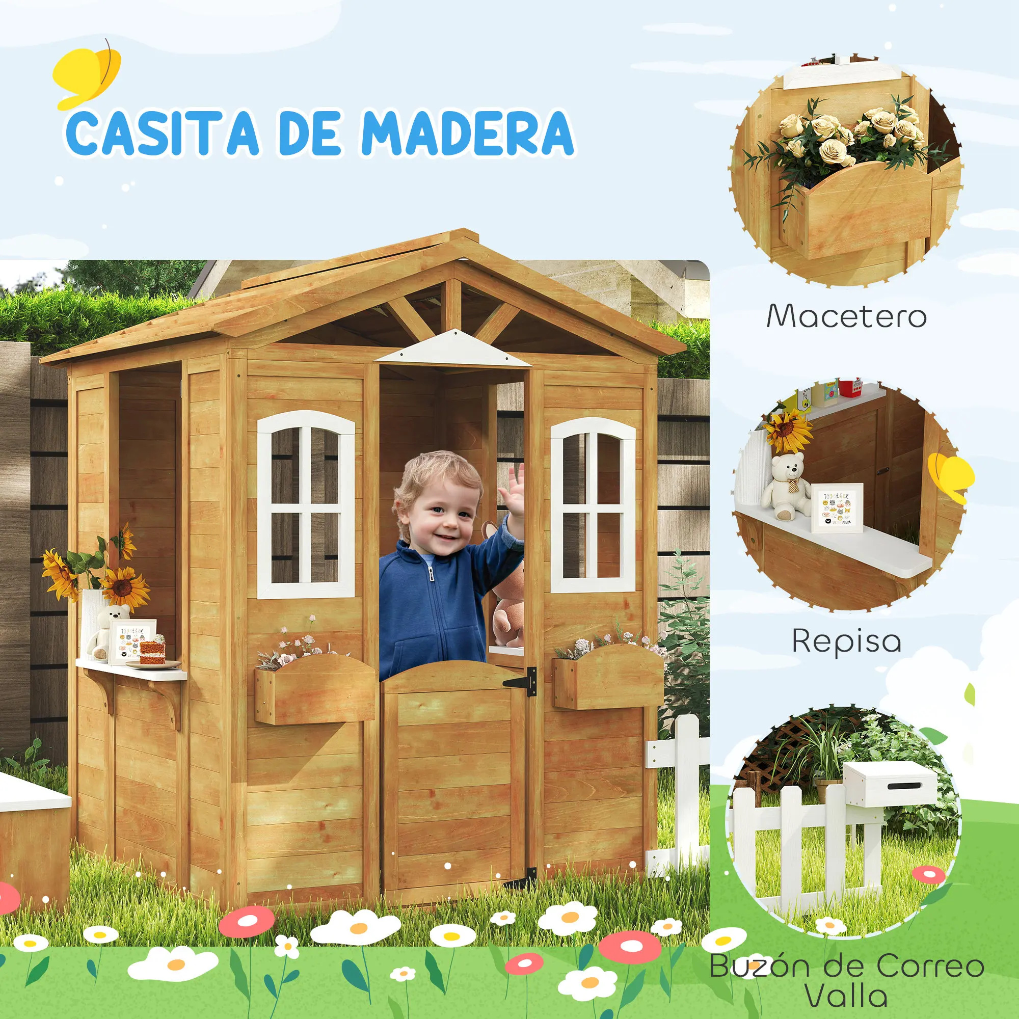 Outsunny Casita Infantil Exterior de Madera Casita Infantil de Jardín con Buzón Ventanas Jardinera Mostrador y Banco Casa de Juegos para Niños a Partir de 3 Años Natural - imagen 4