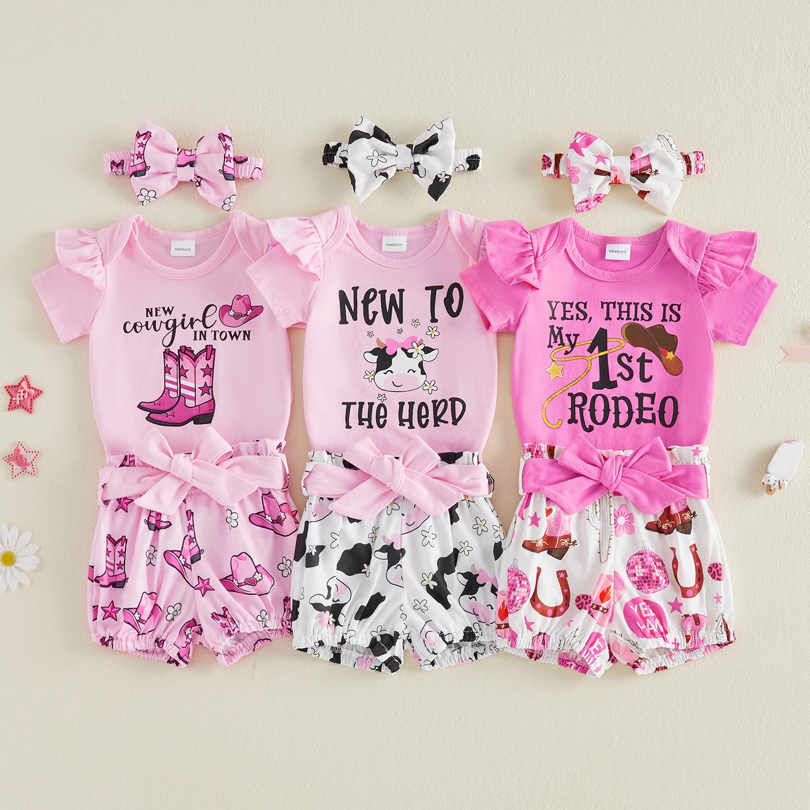 Conjunto verano bebé niña: mono vaca, botas letras y diadema lazo - imagen 3
