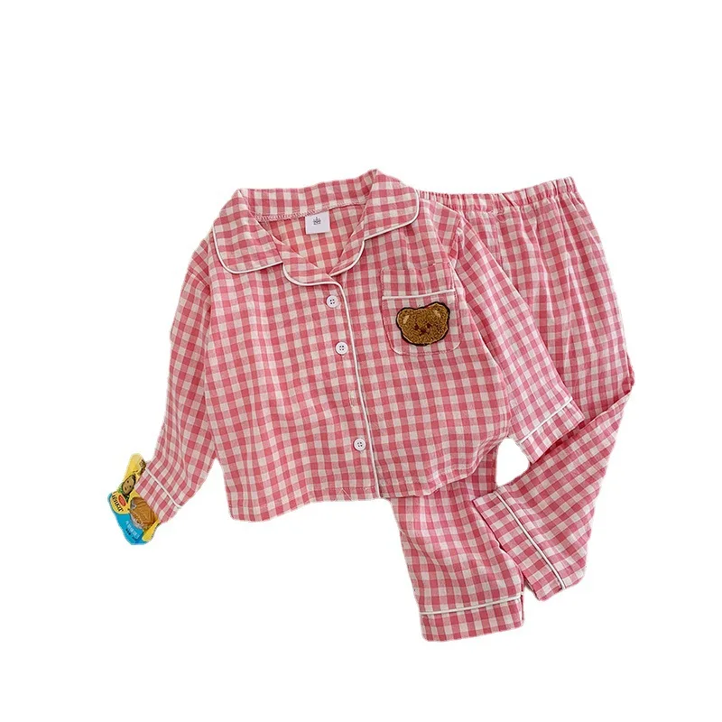 Ropa de dormir de algodón suave para niños y niñas, moda coreana, conjuntos de pijamas a cuadros con bonito oso de dibujos animados, ropa para el hogar para primavera y verano - imagen 5