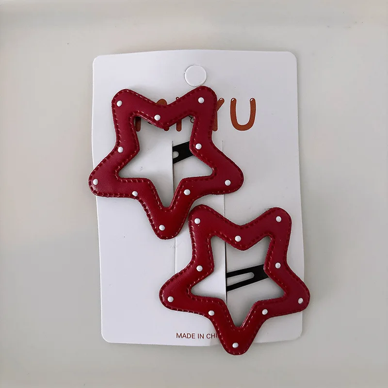 2 uds nuevas de cuero rojo lunares dulce estrella flequillo Bb Clip roto Clip para el cabello sombreros niñas niños accesorios para el cabello - imagen 3