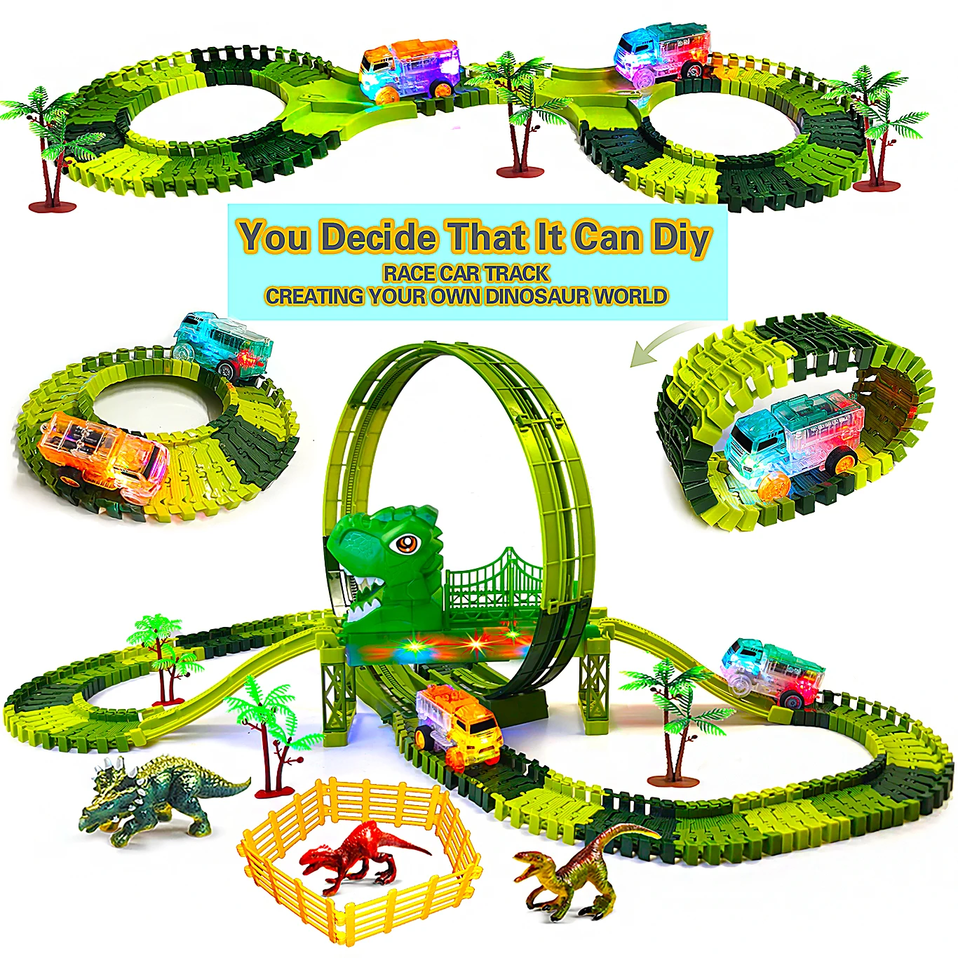 Pista de dinosaurios LED flexible con luces para niños