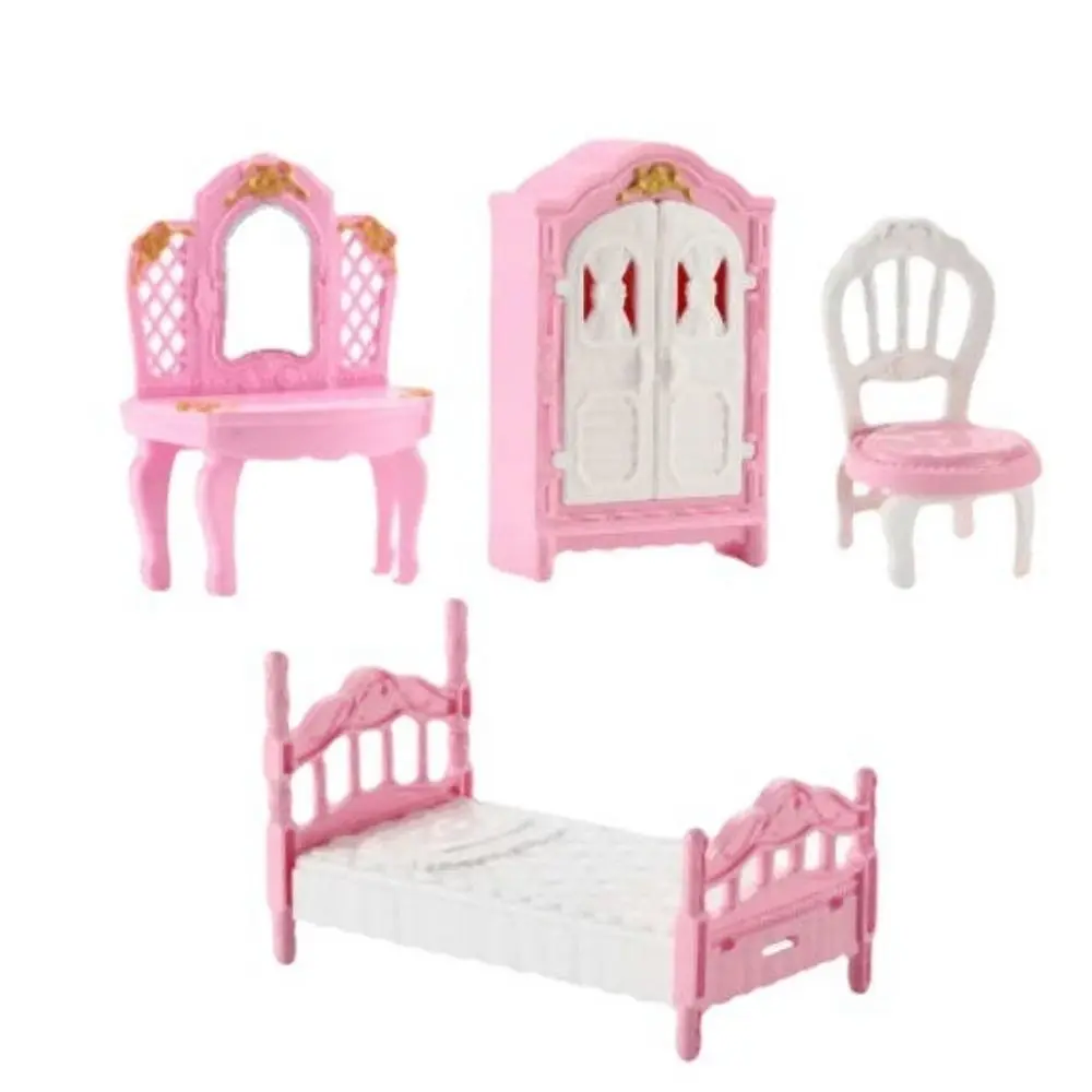1 Juego de muebles de casa de muñecas en miniatura de 4 estilos de alta calidad, plástico rosa, cocina para niños, dormitorio, cosas de cocina, accesorios de juego