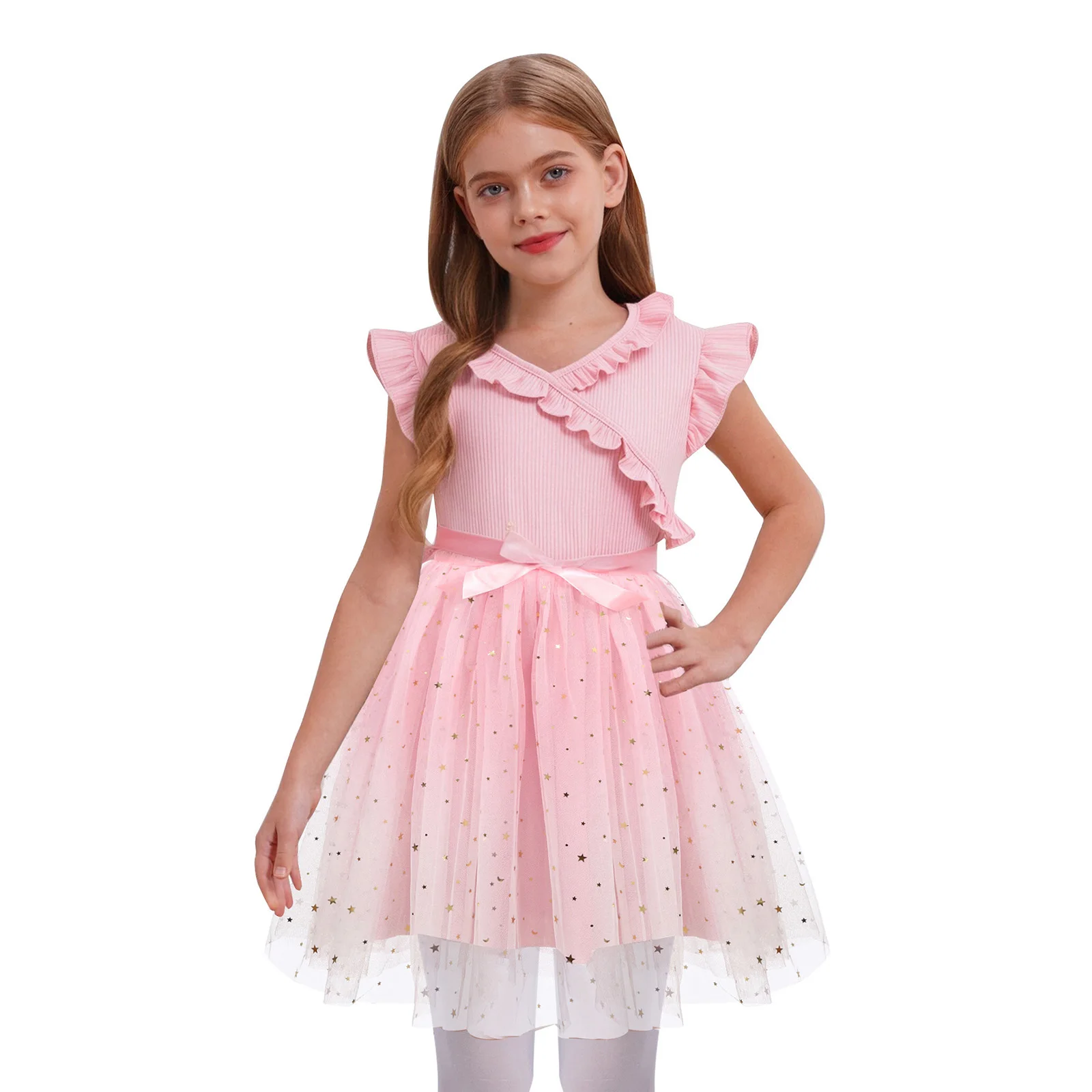 Vestido de verano para niñas, vestido con volantes y mangas aleteadas, vestidos informales de tul con lentejuelas y cinturón para fiesta de cumpleaños y boda - imagen 3