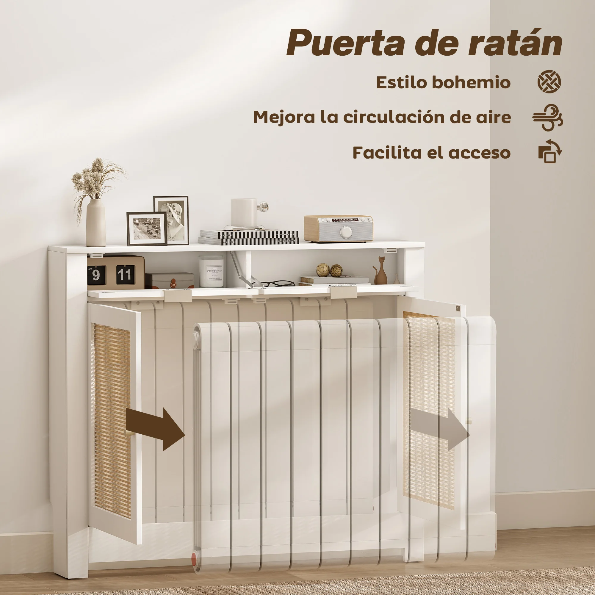 HOMCOM Cubre Radiadores con Puertas Abatible y Ratán, Cubreradiador de MDF, Cubierta para Radiador, Compartimento, Diseño Bohemio, para Salón, Dormitorio, Blanco - imagen 5