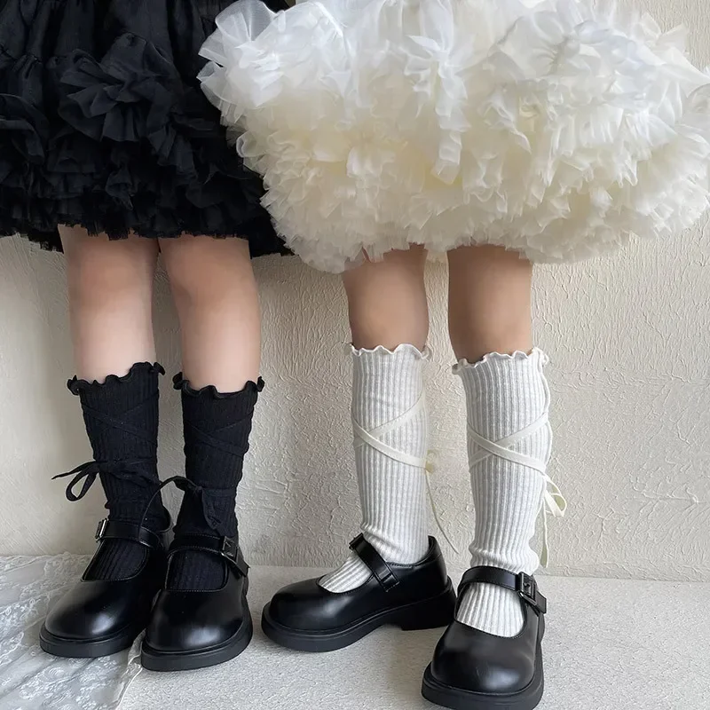 Calcetines sencillos para niños y niñas, calcetín coreano de moda de Color sólido con lazo y volantes hasta la pantorrilla, calcetín escolar de algodón suave para otoño - imagen 2