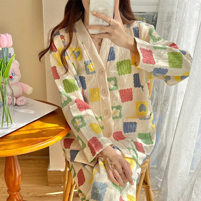 Conjunto de pijamas de maternidad para otoño e invierno, ropa de dormir gruesa para amamantar, pijama de algodón, traje de lactancia, 2 piezas - imagen 4