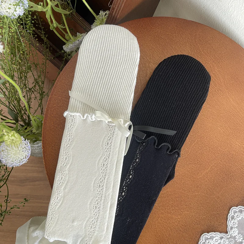 Medias de encaje con lazo para niñas – Estilo romántico suave - imagen 4