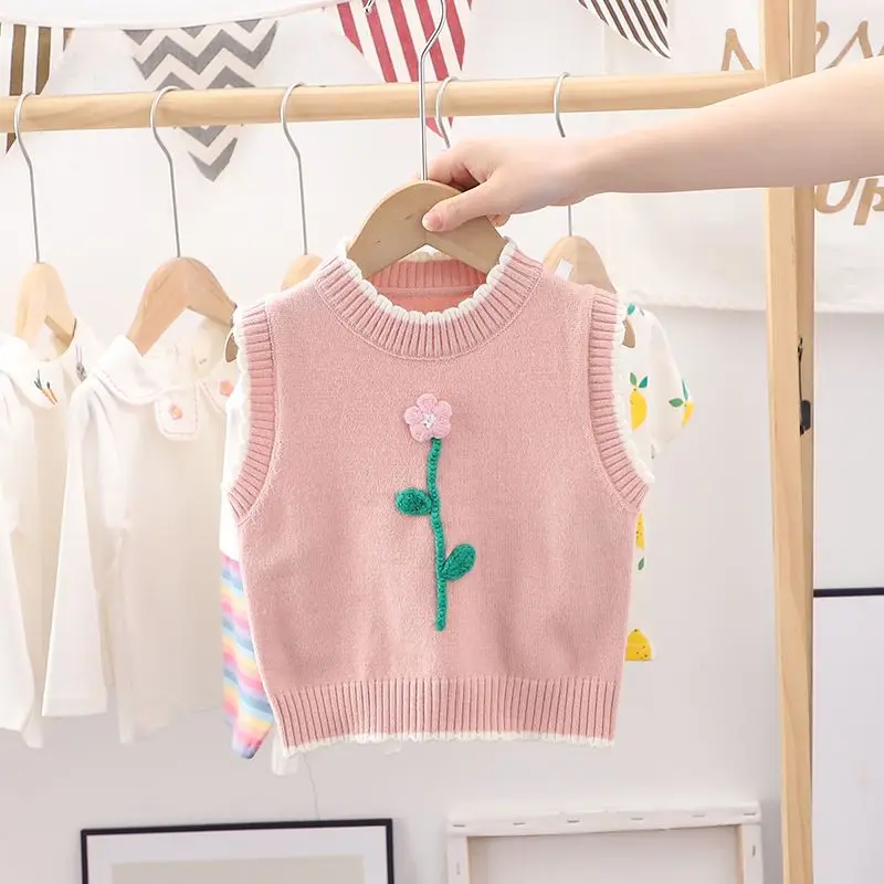 Chaleco tejido con cuello redondo para niñas, jersey de flores tridimensionales para primavera y otoño, chaleco para niños, chaleco bonito y dulce para bebé