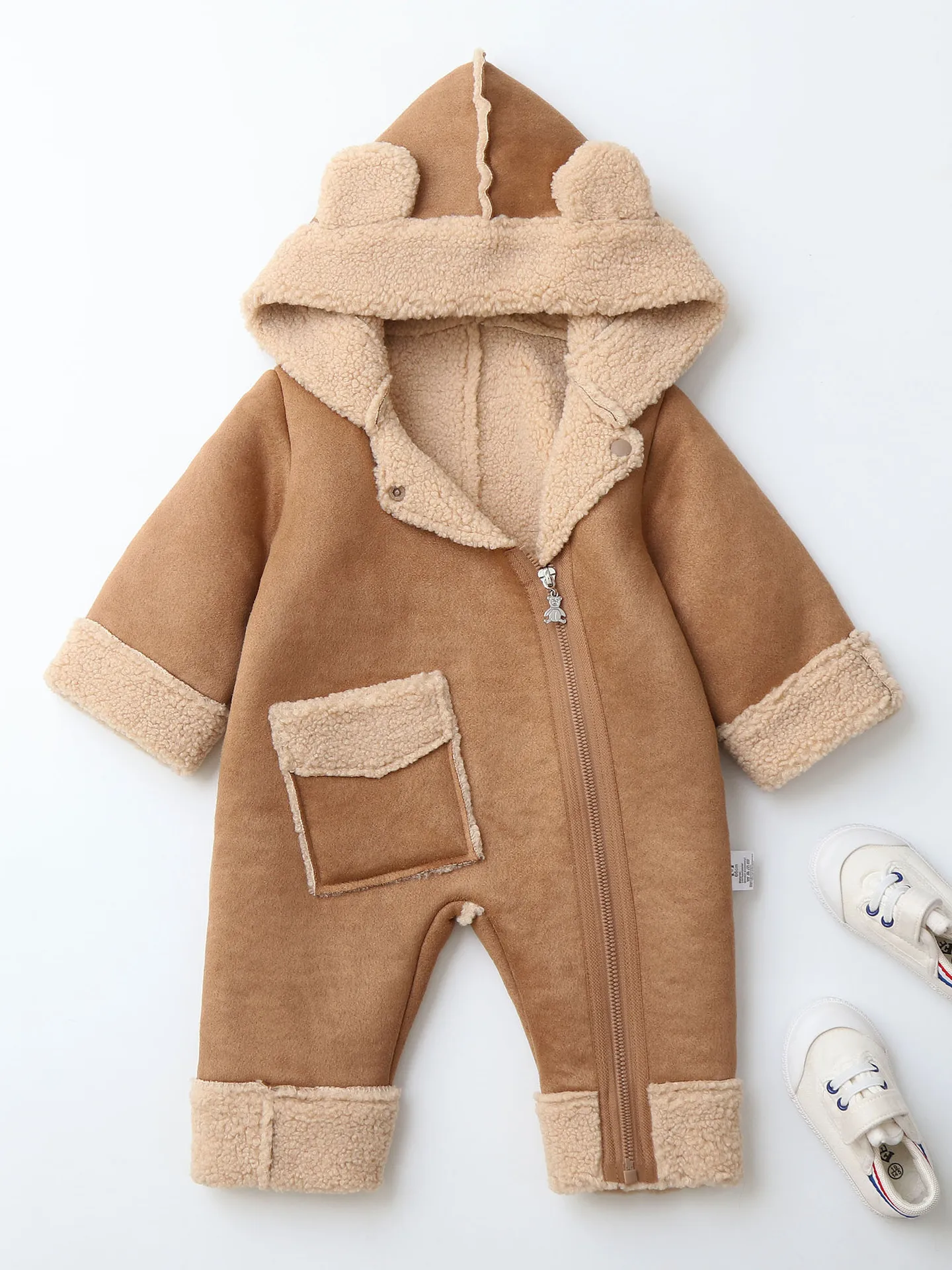 Ropa de invierno para bebés de 0 a 2 años, Sudadera con capucha de piel, monos para niñas, peleles con forro polar para bebés, traje infantil de descanso ventoso - imagen 2