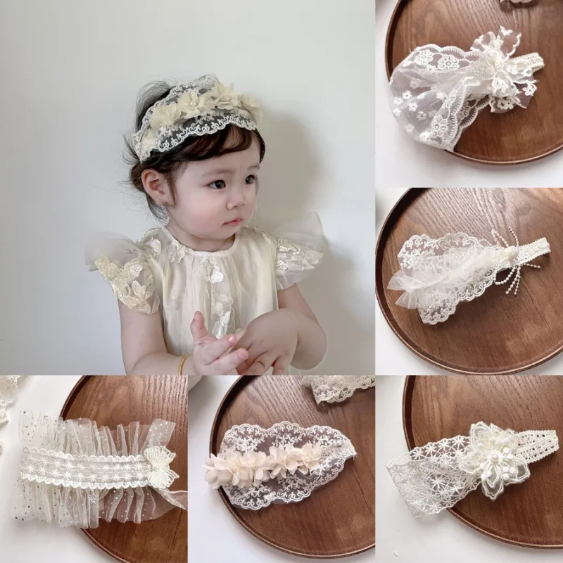 Diadema ancha y suave para bebé, diadema francesa Vintage con lazo de Jacquard, diadema de encaje Floral para recién nacido, accesorios de fotografía para niños pequeños