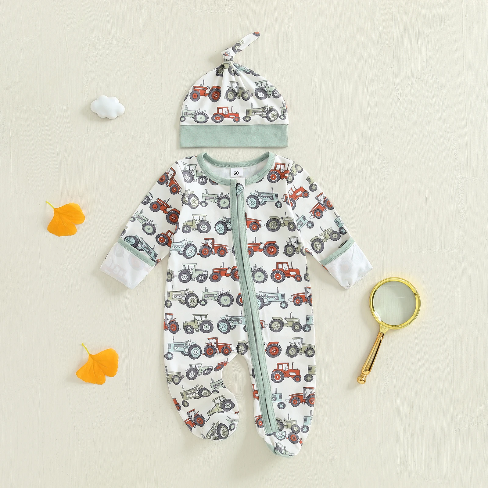 SUNSIOM Mameluco con patas de otoño para bebé, lindo patrón de tractor, cuello redondo, manga larga, mono con cremallera y sombrero