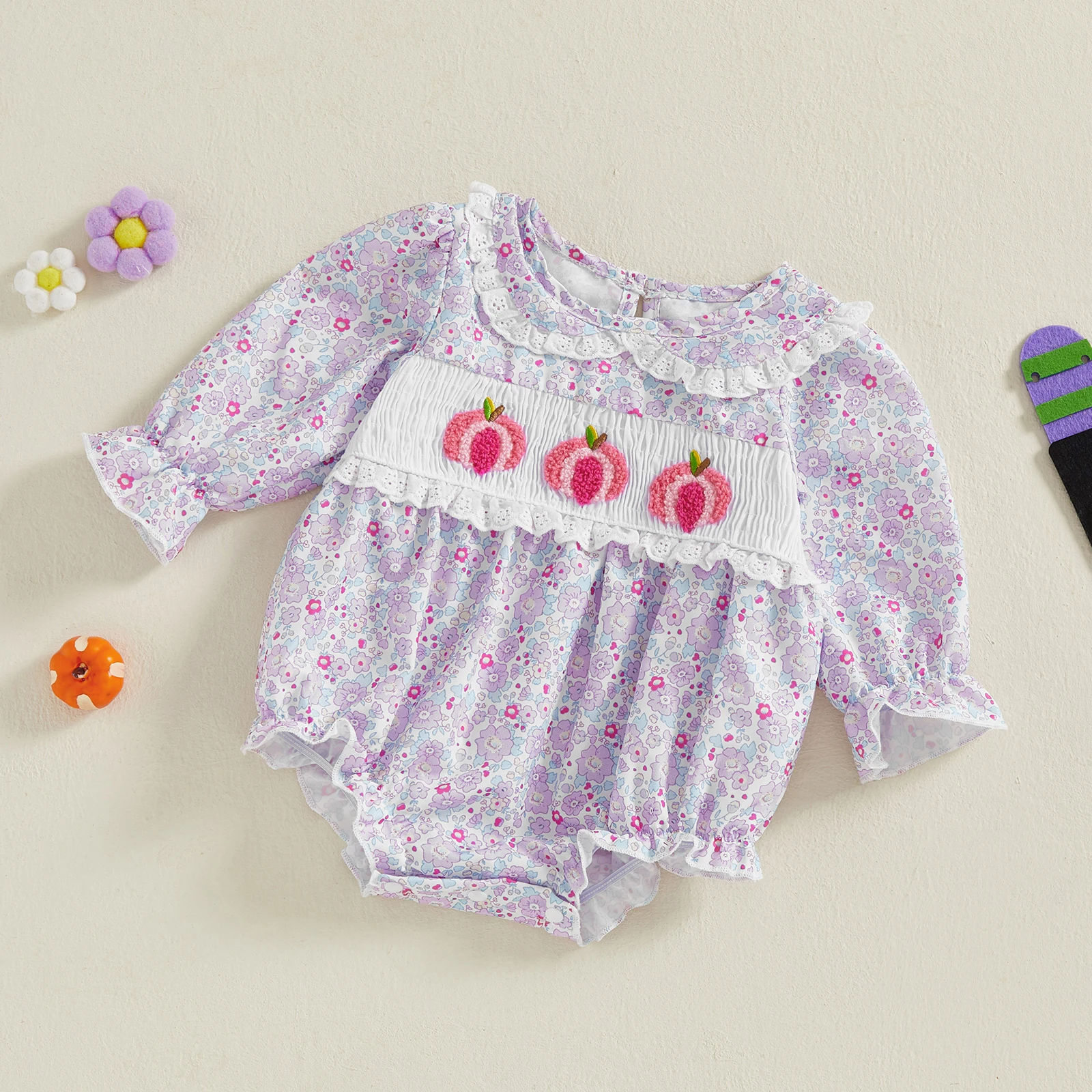 SUNSIOM-Pelele de Halloween para niña de 0 a 18 meses, mono de manga larga con adorno de encaje ahumado Floral de calabaza, ropa bonita de otoño - imagen 2