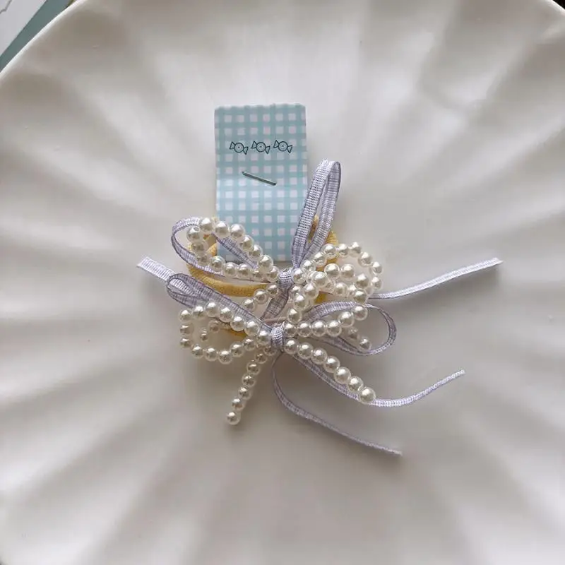 Accesorios para el cabello para niñas, Color caramelo, perlas de imitación dulces, banda de goma elástica, lazo a cuadros, cuerda para el cabello, herramienta de peinado para cola de caballo - imagen 4