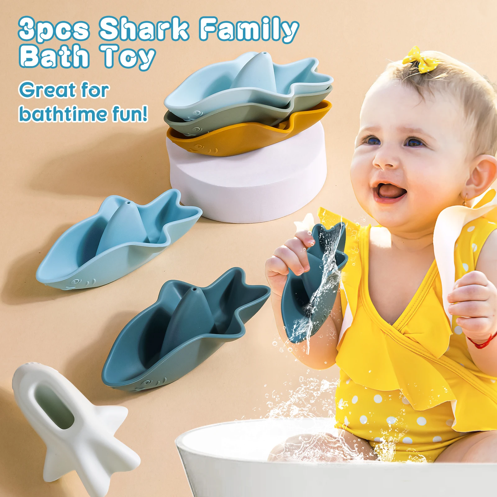 3 uds tiburón de dibujos animados juguetes de baño de silicona para bebé juego de agua de goma suave rompecabezas educativo juguetes para niños