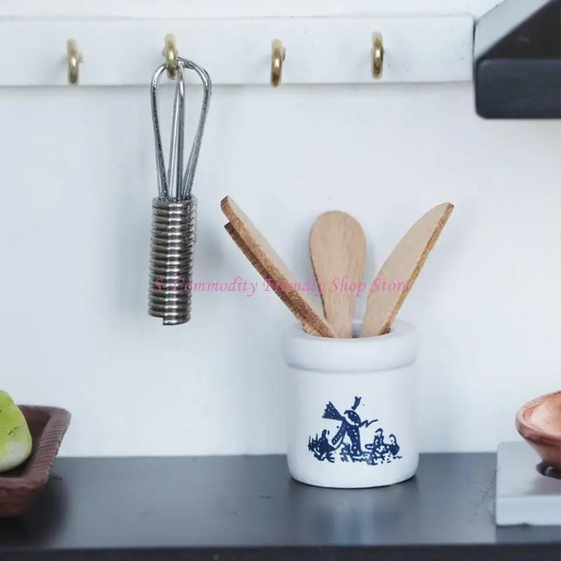 Juego accesorios cubiertos cocina en miniatura 85AE 1/12, utensilios madera con soporte cerámica - imagen 2