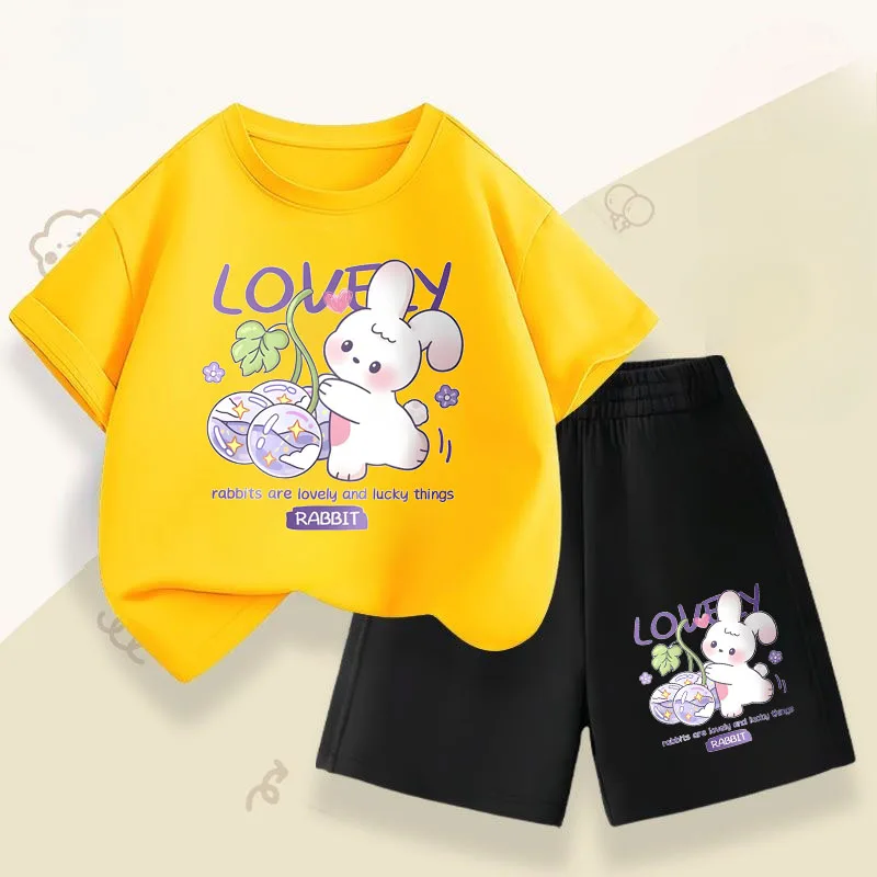 Novedad de verano, trajes informales para niñas, conjuntos de Top de manga corta para niños, camiseta con estampado de conejo bonito, pantalones cortos, traje de dos piezas - imagen 3