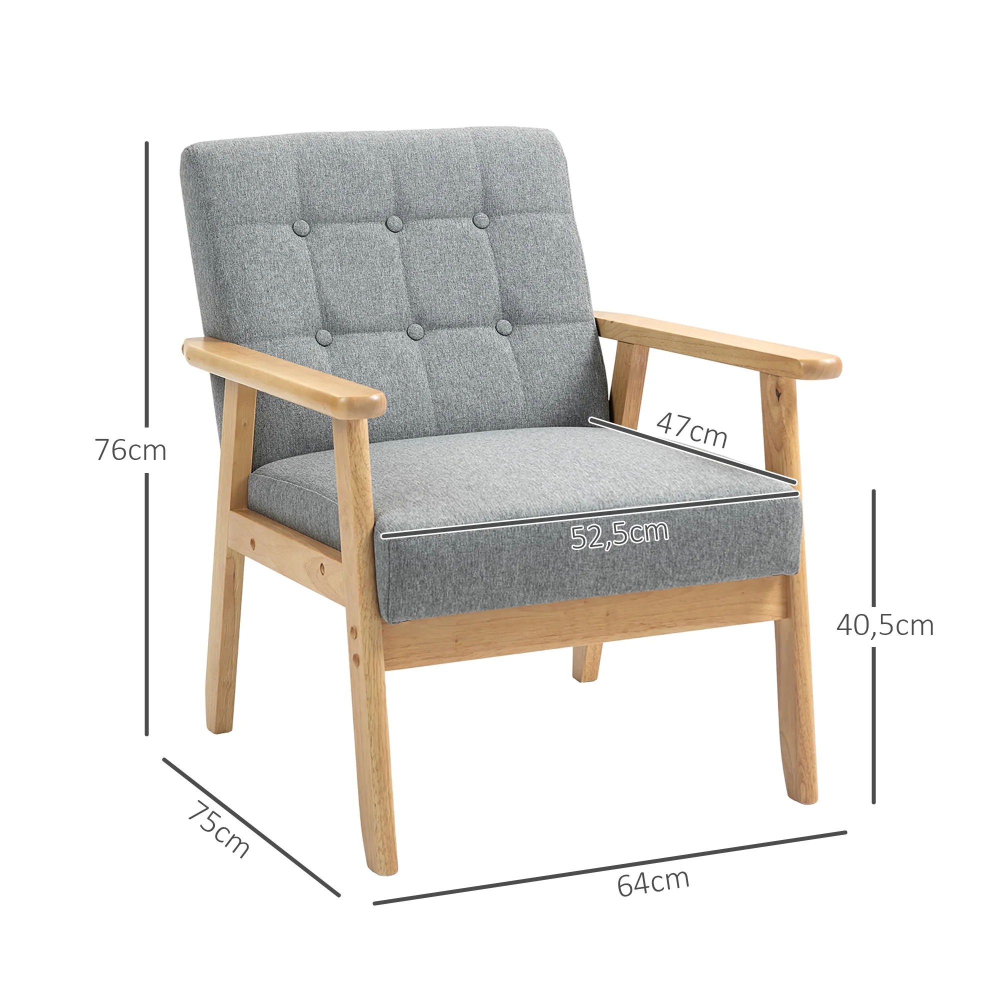 HOMCOM Sillón Individual Sofá Individual Tapizado en Lino con Reposabrazos de Madera Respaldo Acolchado Carga 130 kg Sillón para Salón Dormitorio Gris Claro - imagen 3