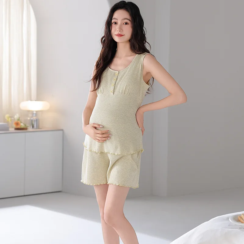 Ropa de casa para lactancia materna, pijamas para mujeres embarazadas, chaleco sin mangas fino de verano, pantalones cortos, conjunto de Modal de colores con cojín para el pecho - imagen 2
