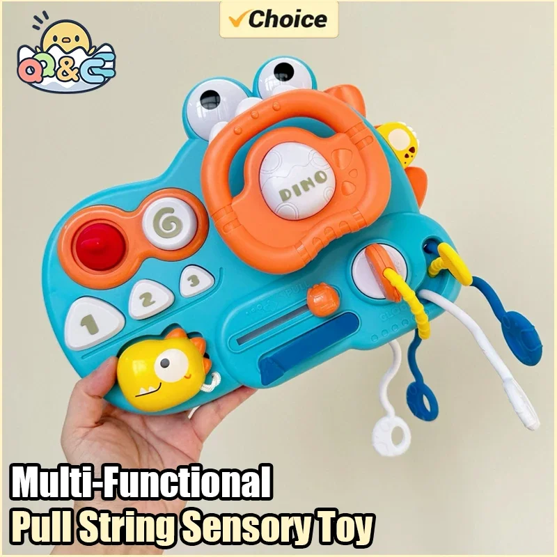 Volante de dinosaurio multifuncional para bebé, juguete educativo de actividad de dentición Montessori sensorial, cuerda de tracción, regalo para bebé