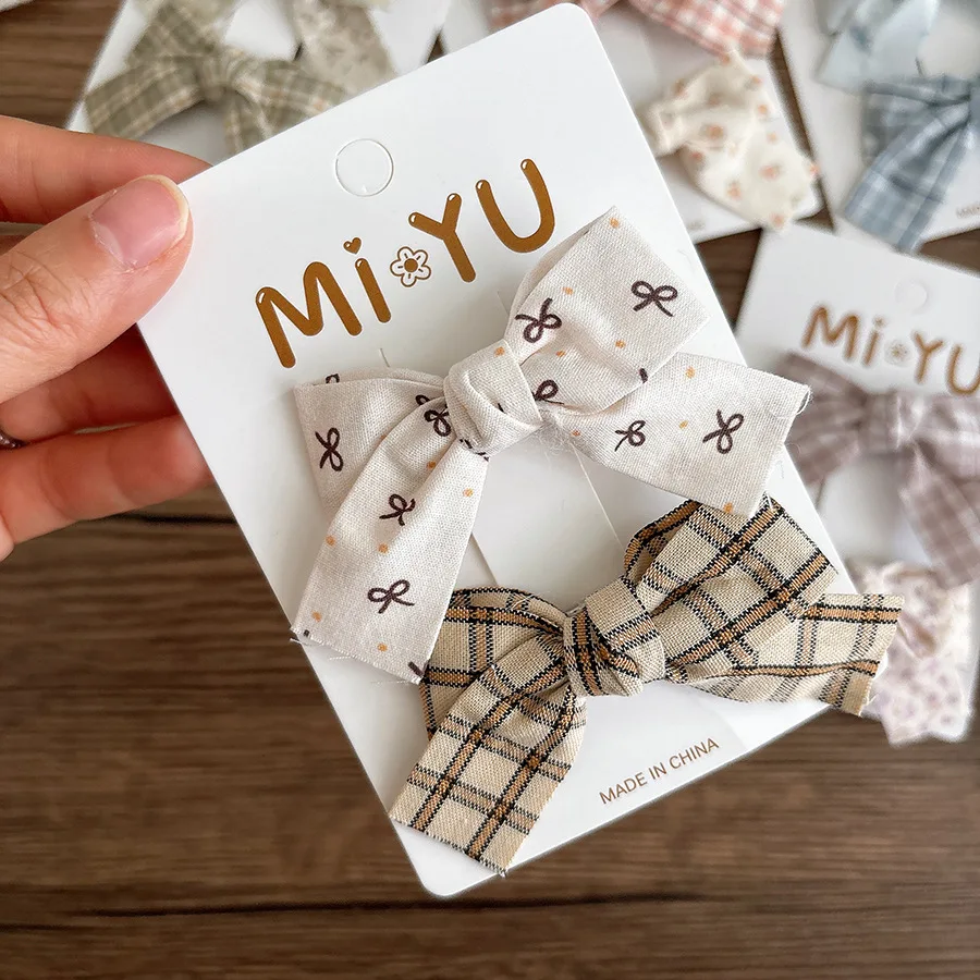 Tela dulce coreana con lazo Floral para niña, pasadores con flequillo lateral a cuadros, accesorios para el cabello para niña y niño - imagen 2