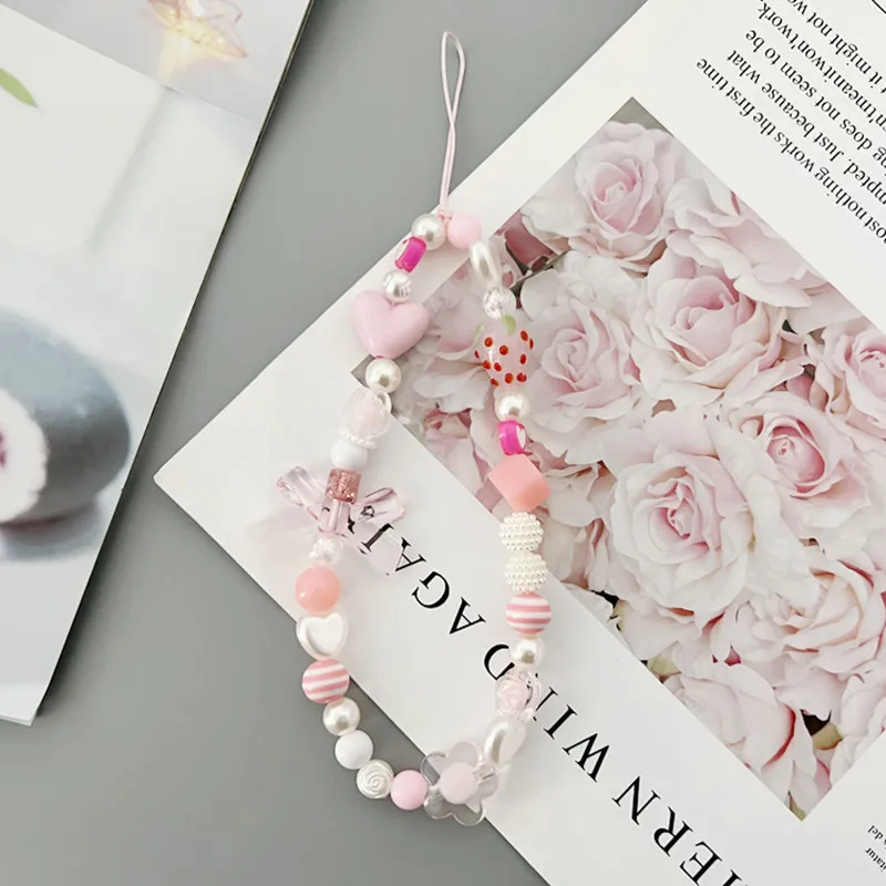 Dulce flor de fresa cuenta correa de teléfono encanto cadena nudo teléfono móvil cordón llavero mujer chica bolso cámara funda de teléfono colgante - imagen 2