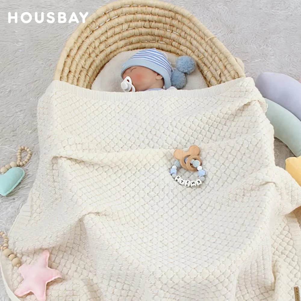 Manta de cama para bebé, abrigo cálido y acogedor de punto para recién nacido, funda para cochecito transpirable a prueba de viento, manta para cuna de bebé a cuadros de Color sólido