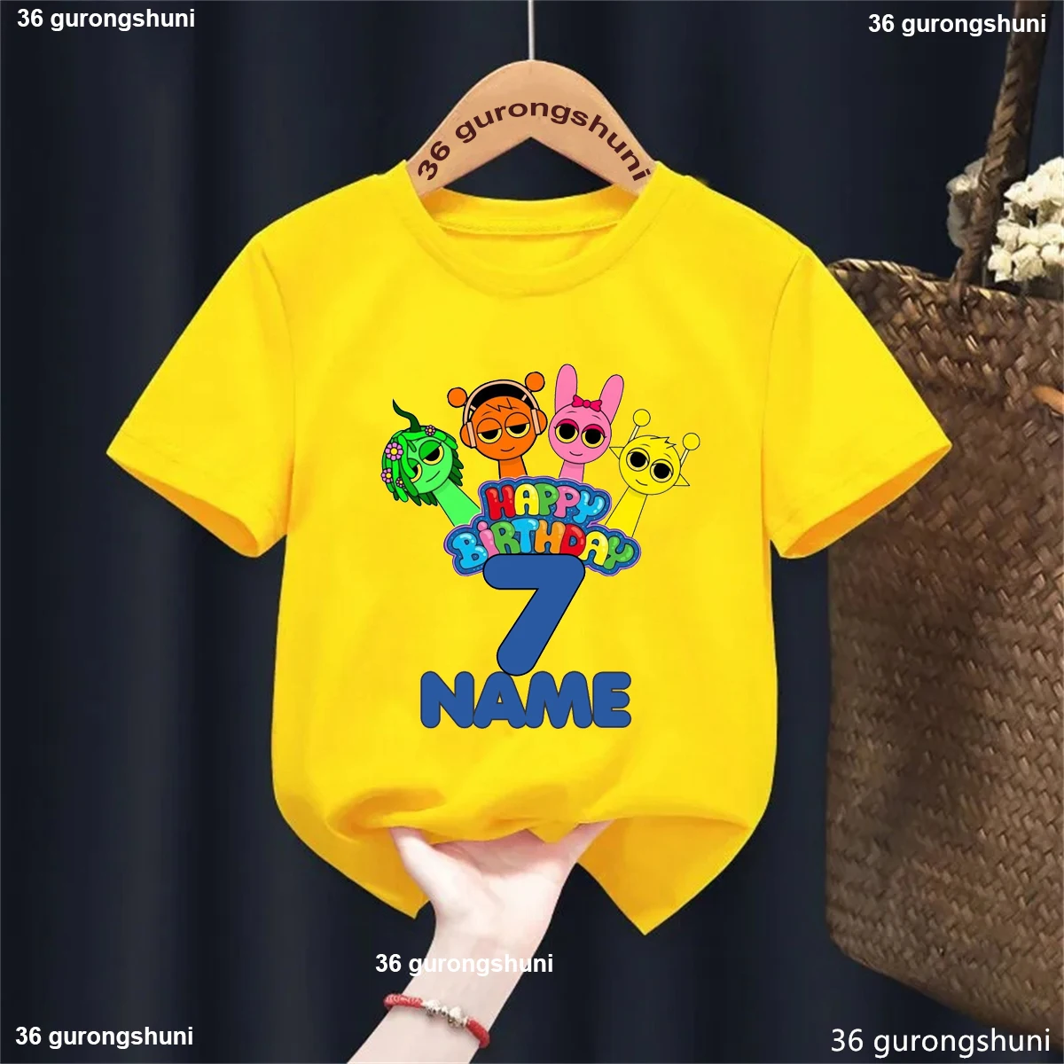 Nombre personalizado 3er-9 cumpleaños Sprunki personaje juego gráfico impreso camiseta amarilla niños el regalo de cumpleaños perfecto ropa para niños