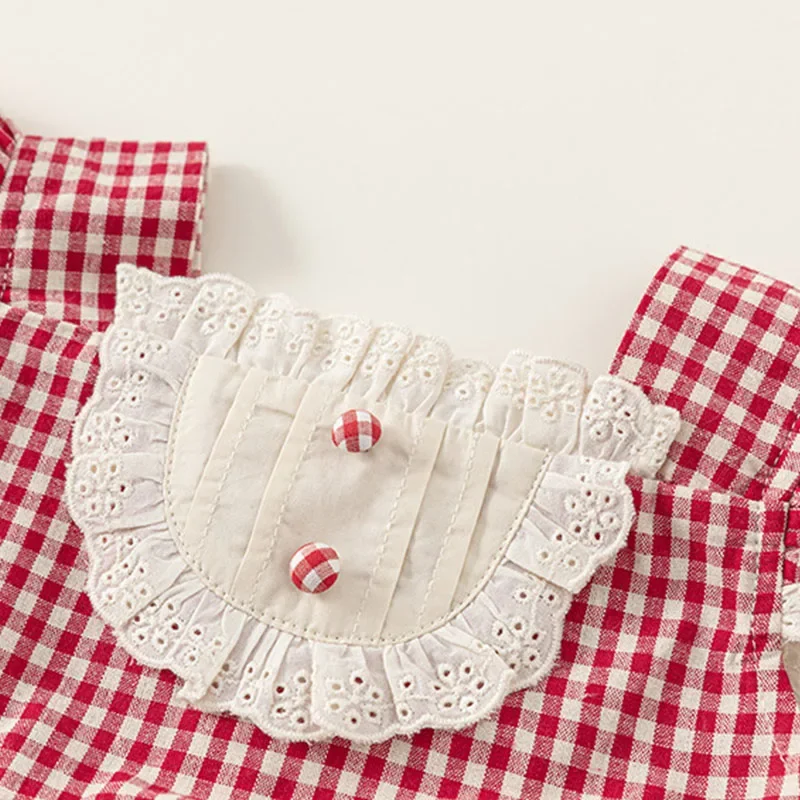 Ropa de verano para niño niña, 2 piezas, moda coreana a cuadros, Tops sin mangas de color rojo cereza + pantalones cortos de mezclilla, ropa de Boutique para niño B095 - imagen 5