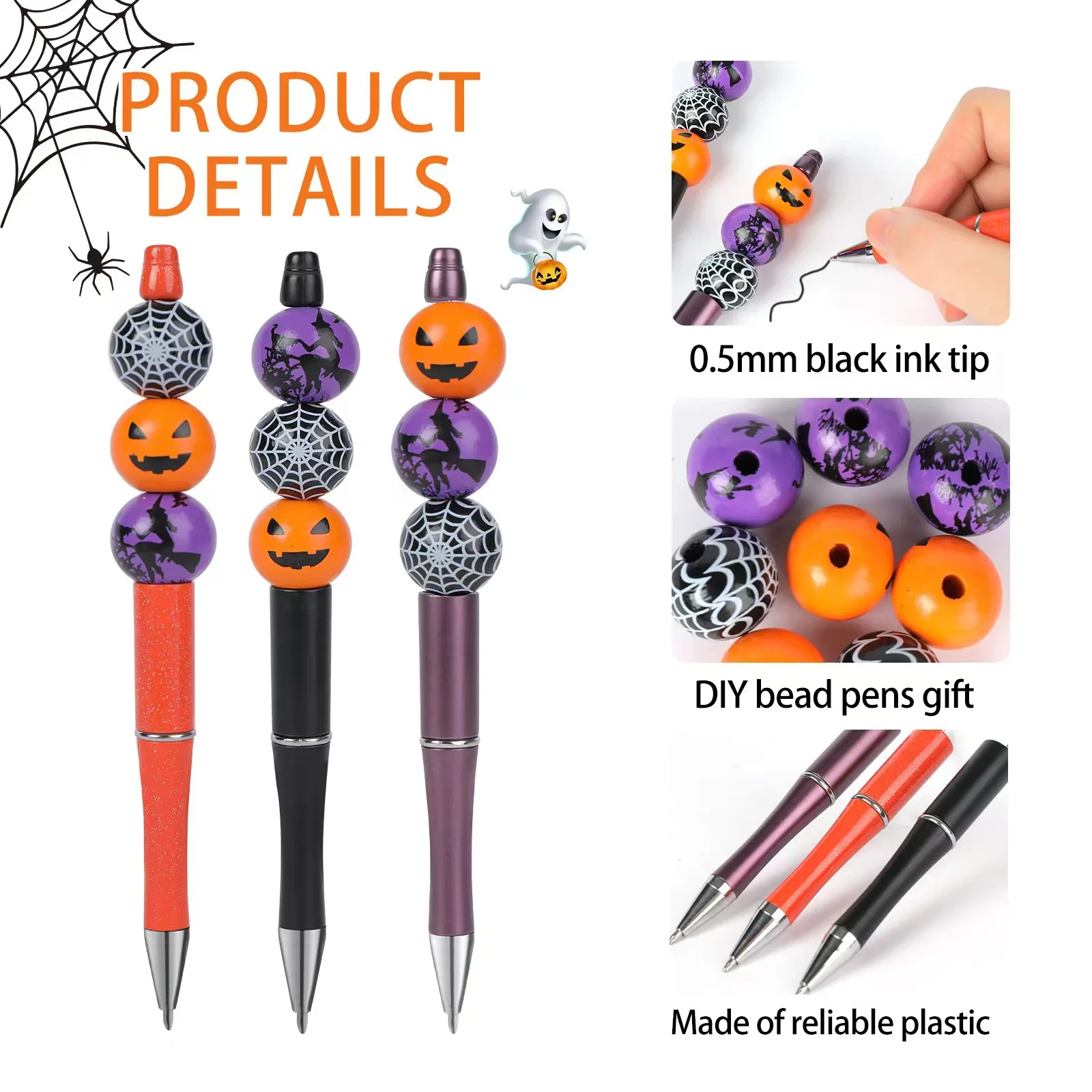 Stylos d'artisanat d'Halloween, stylos à perles bricolage citrouille sorcière toile d'araignée stylos à perles encre noire pour cadeaux d'Halloween fournitures de bureau scolaire - imagen 2