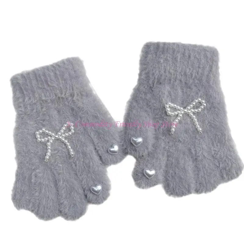 85AE Acogedores guantes punto con detalle lazo perlas para niñas 3 a 8 años - imagen 5