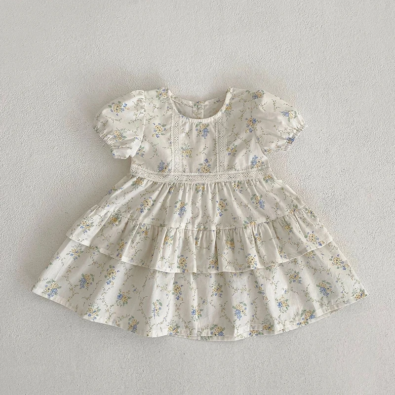 Vestido de encaje floral para niña con volantes y manga corta - imagen 3