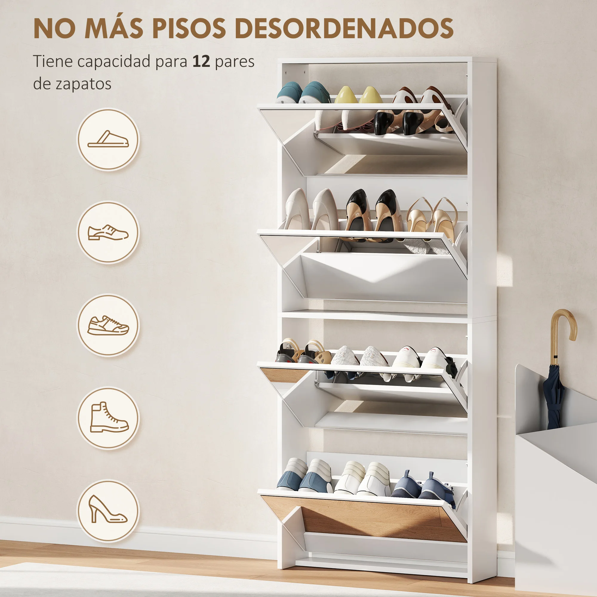 HOMCOM Zapatero Estrecho con Espejo, 4 Puertas Abatibles, Zapatero Entrada Recibidor para 12 Pares de Zapatos, para Pasillo, Espacios Reducidos, 63x17x146 cm, Blanco - imagen 5