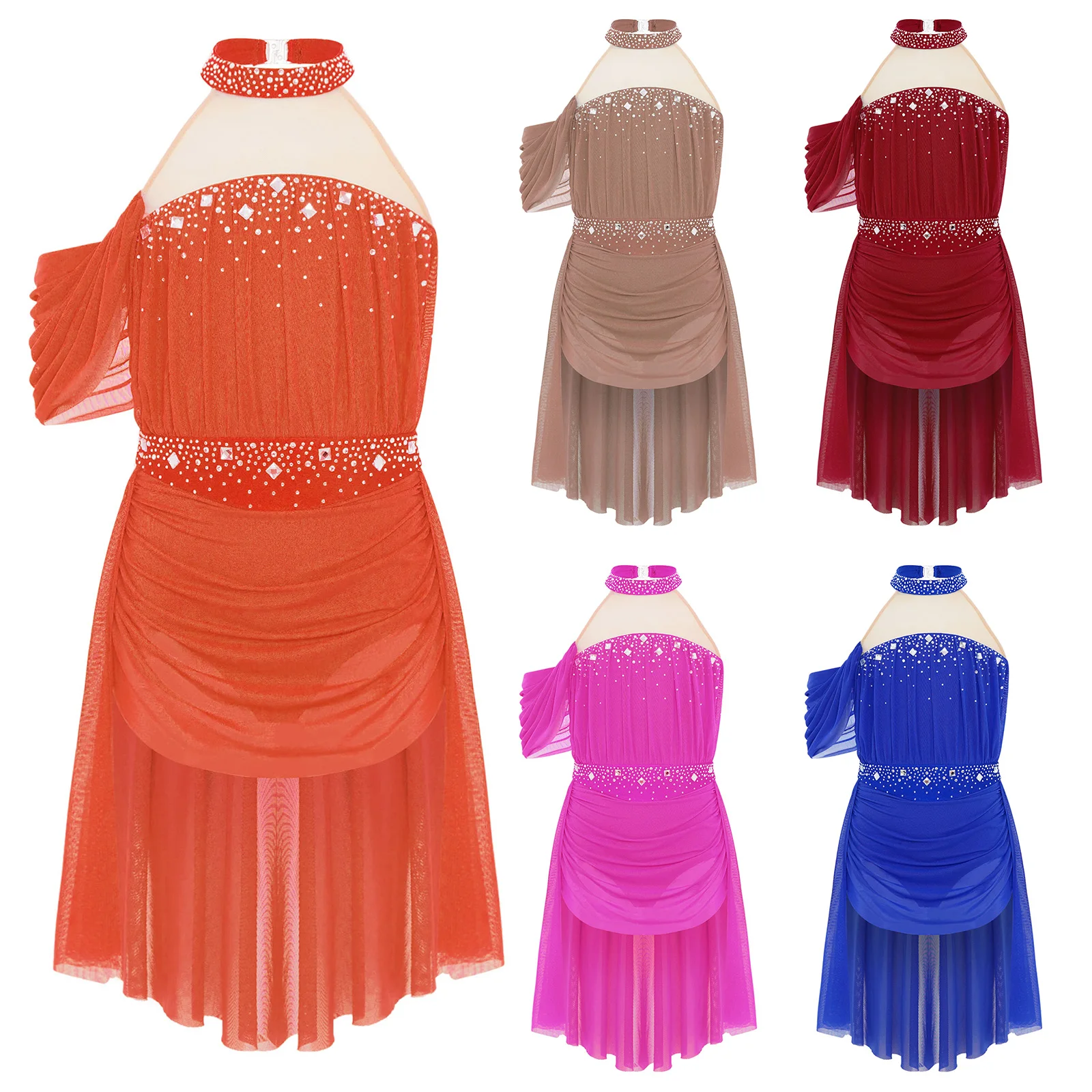 Vestido de leotardo de Ballet para niñas, disfraz de bailarina lírica, cuello Halter, espalda descubierta, recortes en la espalda, diamantes de imitación fruncidos para puesta en escena - imagen 2