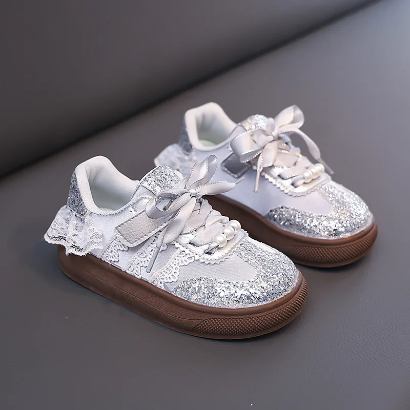 Zapatillas de deporte de otoño, zapatos ligeros a la moda para niña, zapatos sencillos y cómodos antideslizantes de encaje para chico, zapatos deportivos clásicos de princesa brillantes para mujer - imagen 4