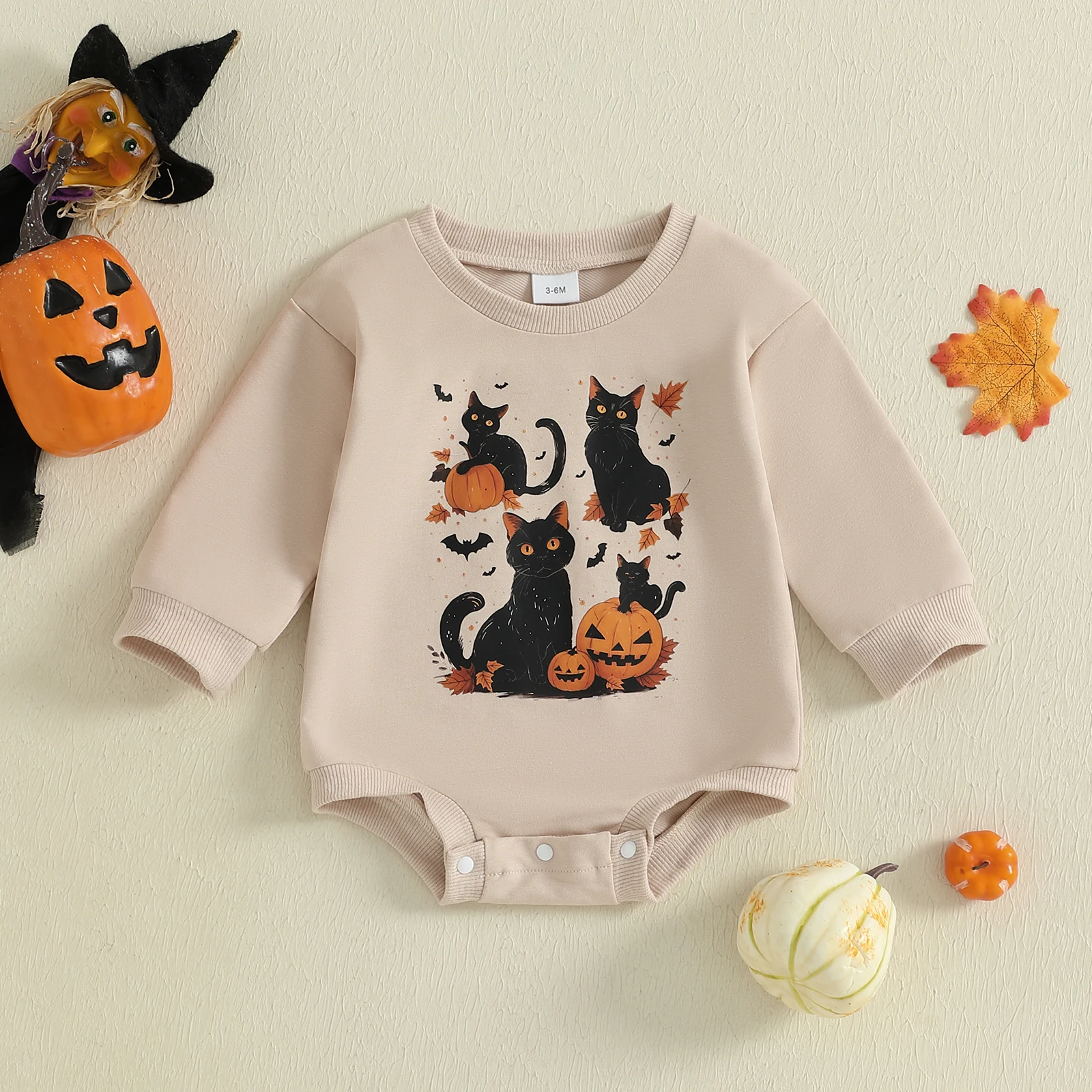 Pelele de Halloween para bebé de 0 a 18 meses, pelele de manga larga con cuello redondo y estampado de gato negro, mono de otoño para recién nacido - imagen 2